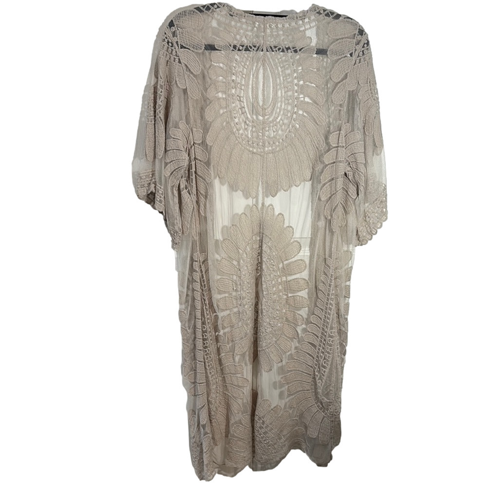 Beige Lace Kimono Duster Sheer Boho Cover Up Lightweight - Picture 7 of 7